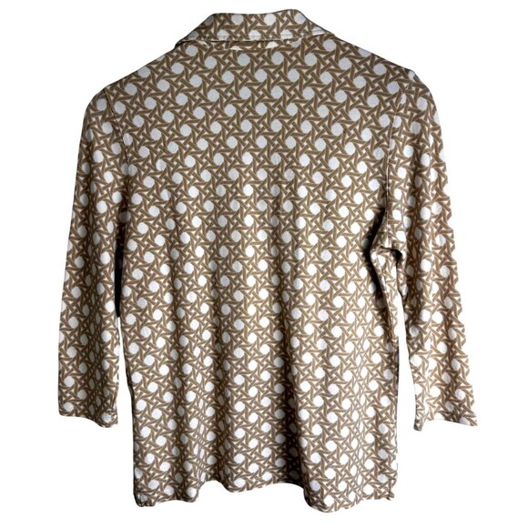 Talbots Womens Beige & White Geometric Print Polo Shirt With 3/4 Sleeves Sz M - Picture 7 of 9